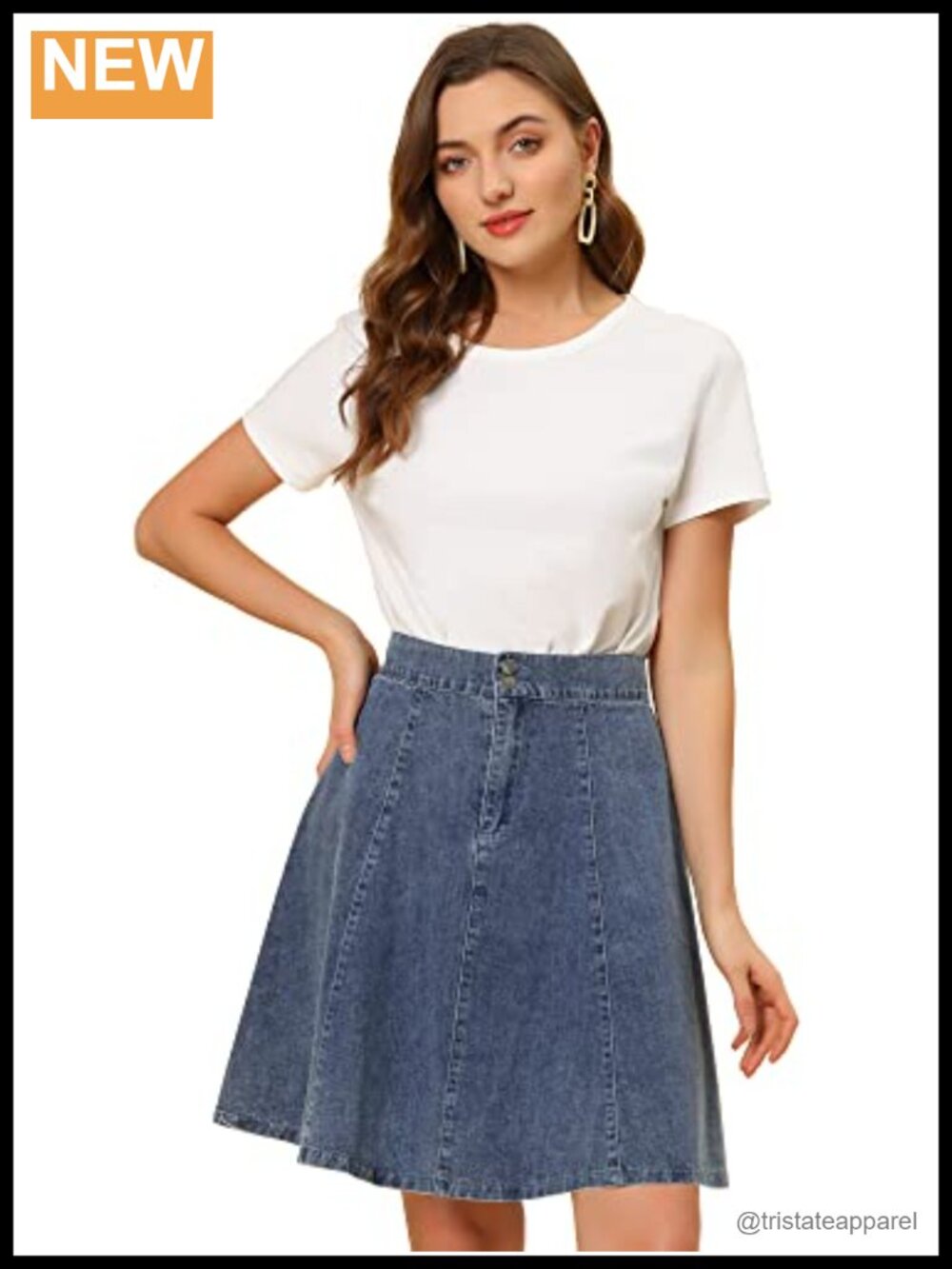 Washed Denim High Waist Flared Pleated Jean Skirt